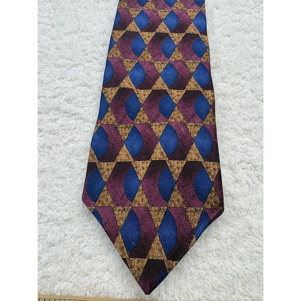Van Heusen Necktie Tie Mens Burgundy Blue Gold Excellent Geometric Silk USA